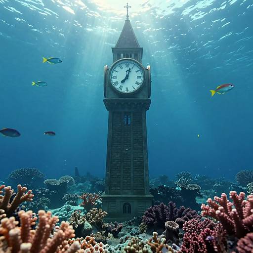 Underwater photograph of a tall clock tower surrounded by colorful coral reefs and swimming fish, with sunlight filtering through the water.