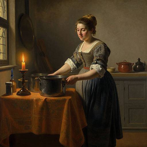Photograph-style digital painting of a 17th-century woman in a dark blue dress, lighting a candle by a copper pot on an orange tablecloth