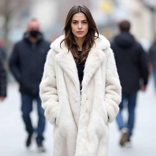 Photograph of a brunette woman with long hair, wearing a white fur coat, standing in a blurred urban street with people in winter clothes.