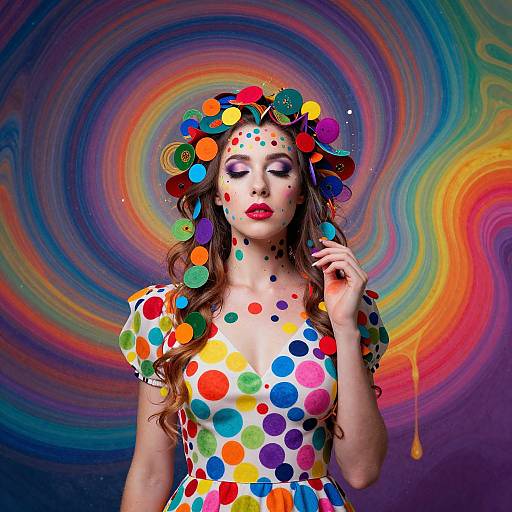 Photograph of a woman with colorful polka dot dress and headpiece, rainbow swirl background, painted face, red lipstick, wavy brown hair,