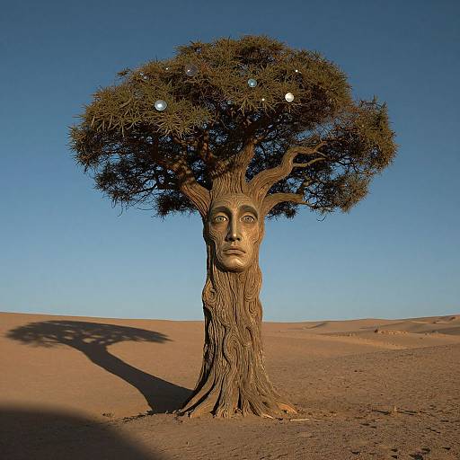 Photograph of a stylized tree with a carved human face, adorned with small white lights, standing in a desert with clear blue sky. Shadow of
