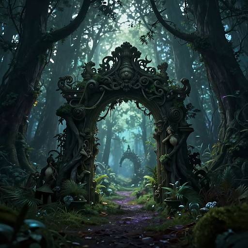 Mysterious, intricately carved stone archway in a dense, misty forest, surrounded by lush greenery and fungi, with light filtering through towering