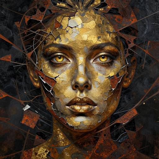 Digital artwork of a gold-faced, wide-eyed woman with shattered glass fragments around her head, glowing amber eyes, and dark, abstract background.