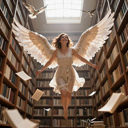 Photograph of a smiling woman with large, glowing white wings, wearing a flowing beige dress, jumping joyfully in a sunlit library with books,