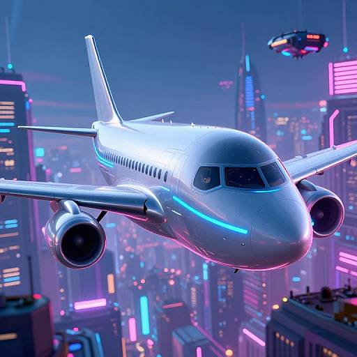 Neon-lit futuristic cityscape with a glowing white jet flying above, illuminated skyscrapers, and a hovering UFO in the background. Digital art