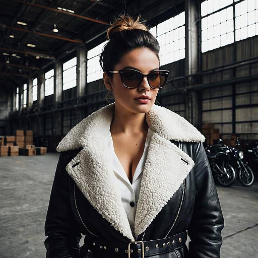 Stylish Woman in Shearling Leather Jacket