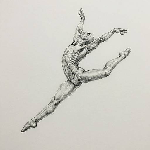 Black-and-white pencil drawing of a muscular, female dancer in mid-air, performing an elegant, extended leap with arms and legs outstretched.