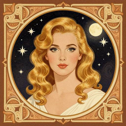 Vintage-style digital illustration of a fair-skinned woman with curly blonde hair, red lips, and blue eyes, framed by an ornate, circular,