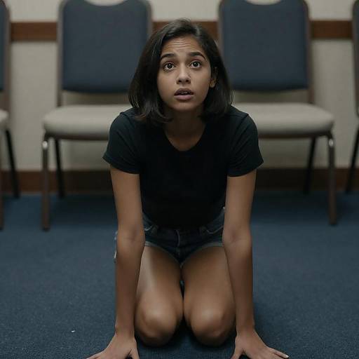 Surprised Woman Kneeling on Blue Carpet