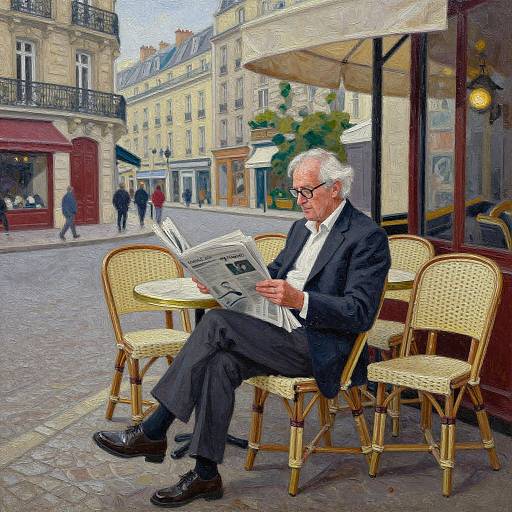 Elderly Man Reading in Paris Cafe