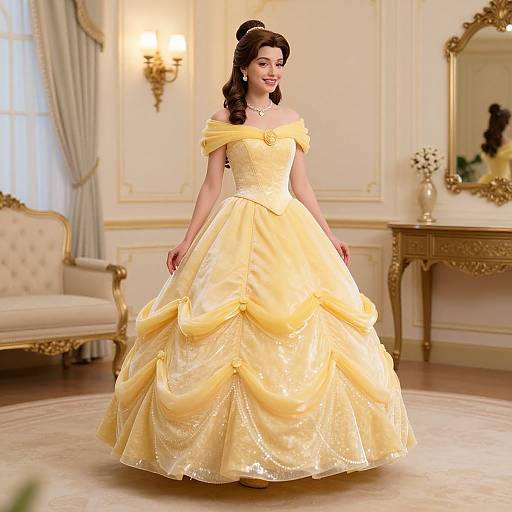 Photograph of a smiling woman in a yellow off-the-shoulder ball gown with a full, layered skirt in an elegant, cream-colored room.