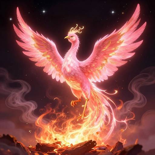Digital illustration of a blazing, pink phoenix with fiery wings and tail, standing on a burning rocky pedestal against a starry night sky.