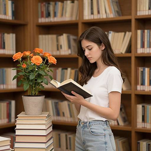Photograph of a young woman with long brown hair, wearing a white t-shirt and blue jeans, reading a book in a library, with a p