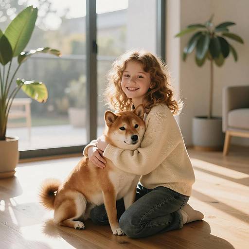 Joyful Girl and Shiba Inu in Loft