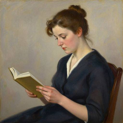 Photorealistic painting of a fair-skinned woman with brown hair in a bun, wearing a dark blue dress, reading a book against a plain background