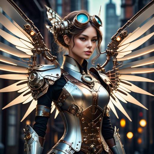 Steampunk Fairy in Futuristic Cityscape
