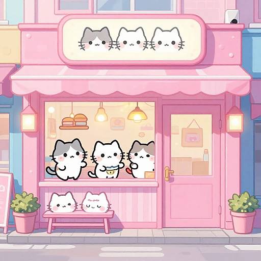 Kawaii Retro Cat Cafe Illustration