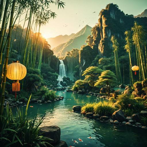 Fantasy Bamboo Forest with Koi Pond at Sunset