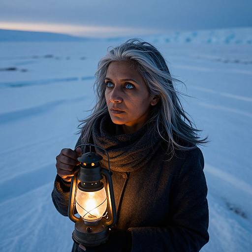 Photograph of a white-haired woman with blue eyes, wearing a brown coat, holding a glowing lantern in a snowy, blue-lit landscape.
