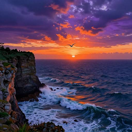 Vibrant sunset over rocky coastline with crashing waves, dark clouds, and a bird in flight, featuring vivid orange, purple, and blue hues.