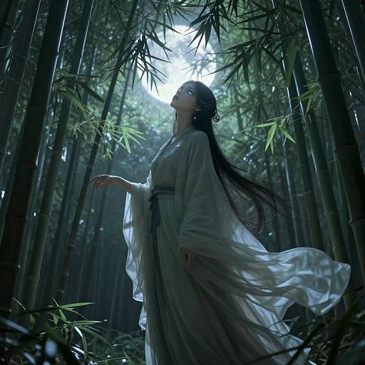 Digital painting of an ethereal Asian woman with long black hair, wearing a flowing white robe, standing in a dark bamboo forest with sunlight filtering through.