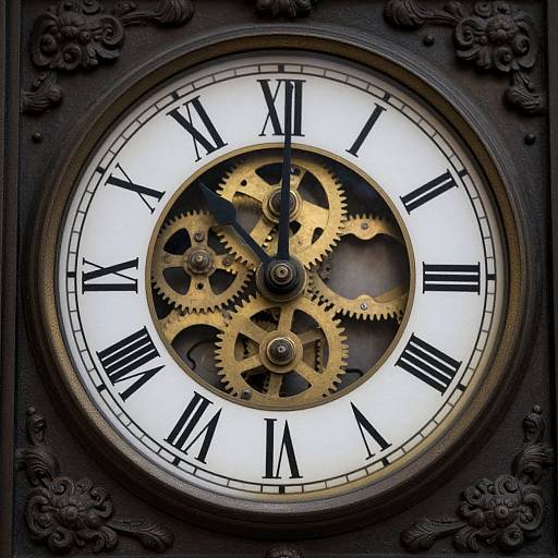 Detailed photograph of a vintage clock with black Roman numerals, exposed golden gears, and ornate dark frame, glowing white background.