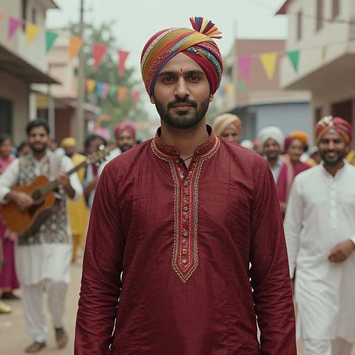 Photograph of a bearded Indian man in a maroon kurta and multicolored turban, standing in a colorful street festival with musicians and