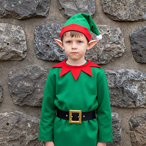 Boy in Elf Costume Standing by Stone Wall