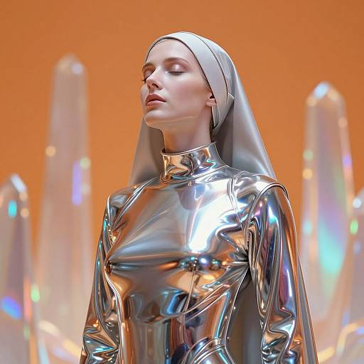 Ethereal Woman in Futuristic Chrome Nun Attire