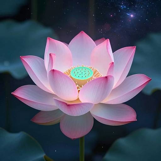 Photograph of a glowing pink and white lotus flower with a bright green center, illuminated against a dark, starry night background.