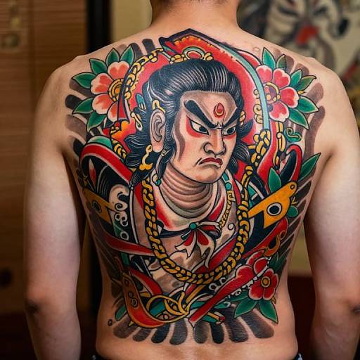 Photograph of a tattooed man's back featuring a colorful, traditional Japanese-style tattoo of an intense, black-haired deity surrounded by flowers and a bird