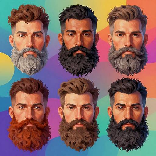Digital illustration of six bearded men with different beard styles and colors on a colorful, abstract background. Each man has unique facial features and hairstyles.