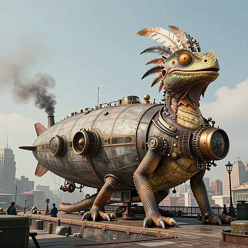 Steampunk-style, mechanical dinosaur with metallic scales, feathered crest, and smokestack, standing on a rooftop with cityscape background. CGI artwork