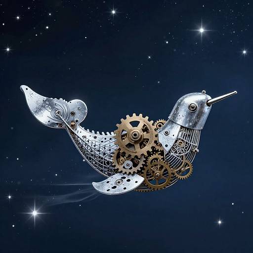 Digital art of a metallic, gear-filled hummingbird fish hybrid flying in a starry, dark blue night sky. Intricate mechanical details contrast with the
