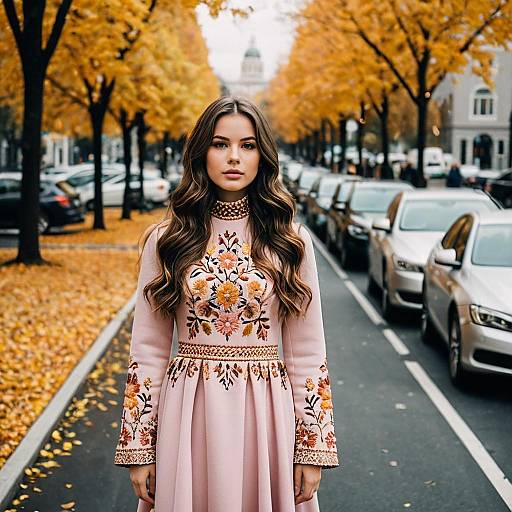 Young Woman in Embroidered Pink Dress on Autumn City Street