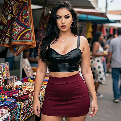 Photograph of a confident, dark-haired woman in a black leather crop top and maroon mini skirt, standing in a vibrant market stall, surrounded by