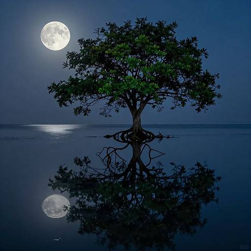 Photograph of a solitary tree with reflective water, illuminated by a full moon in a midnight blue sky. Tree's reflection mirrors the moon, creating a