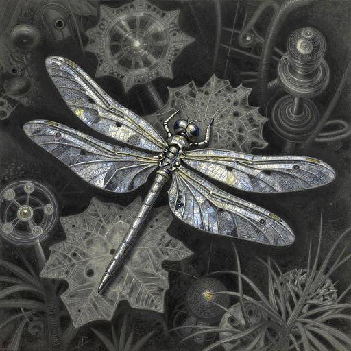 Metallic Dragonfly in Futuristic Garden