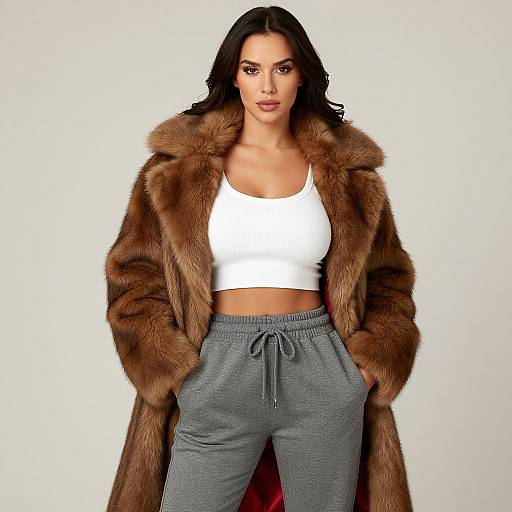 Photograph of a confident woman with long black hair, wearing a brown fur coat, white crop top, and gray joggers, hands in pockets,