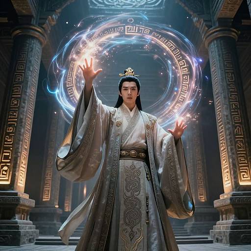 Digital artwork of an Asian man in an ornate silver robe, with a crown, casting magical blue and white energy circles in a grand, illuminated temple