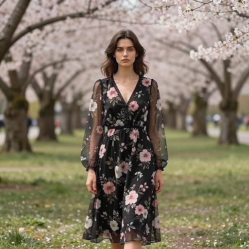 Young woman in floral dress under cherry blossoms