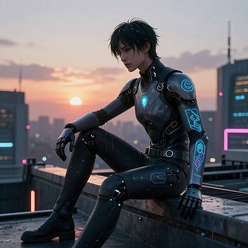 Digital artwork of a futuristic male cyborg with glowing blue neon tattoos, sitting on a rooftop at sunset, cityscape background.