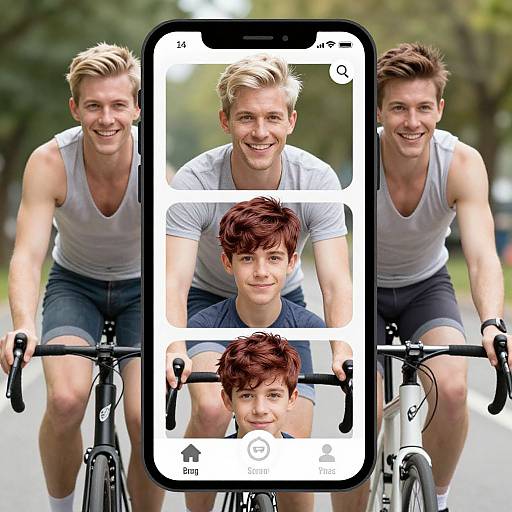 Photograph of three smiling, muscular, young men riding bicycles, overlaid with a smartphone screen displaying their faces in sequence.