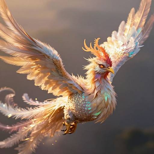 Digital art of a radiant, golden-feathered phoenix with glowing wings, red crest, and blue highlights, soaring against a twilight sky.