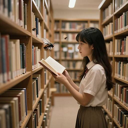 Photograph of an East Asian woman with long black hair, white blouse, and brown skirt, reading a book in a library aisle, with two flies