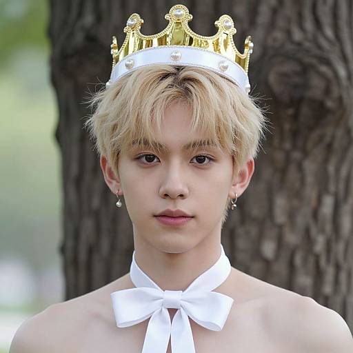 Photograph of a young man with blonde hair, wearing a gold crown and white ribbon choker, standing against a tree.