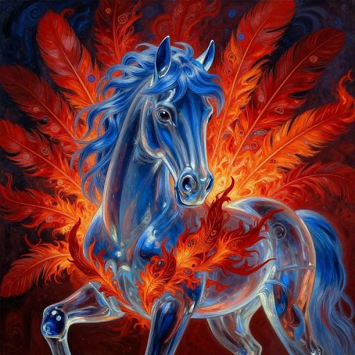 Digital artwork of a blue, glowing horse with fiery red feathers surrounding it, set against a dark, swirling background. Bright, vibrant colors create a dynamic