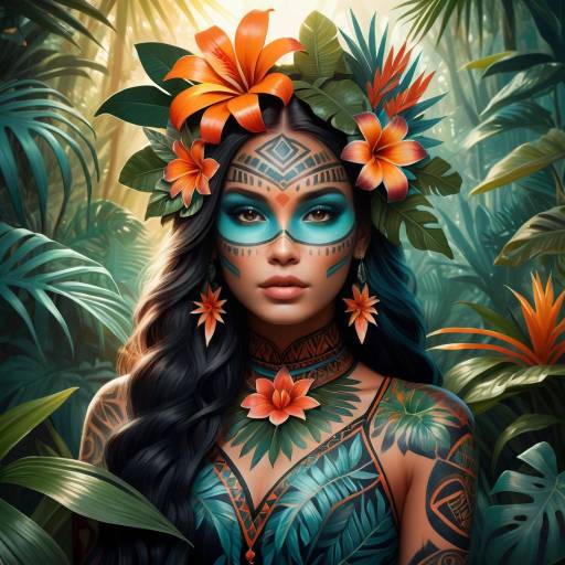 Tropical Tribal Woman with Face Paint and Floral Headdress