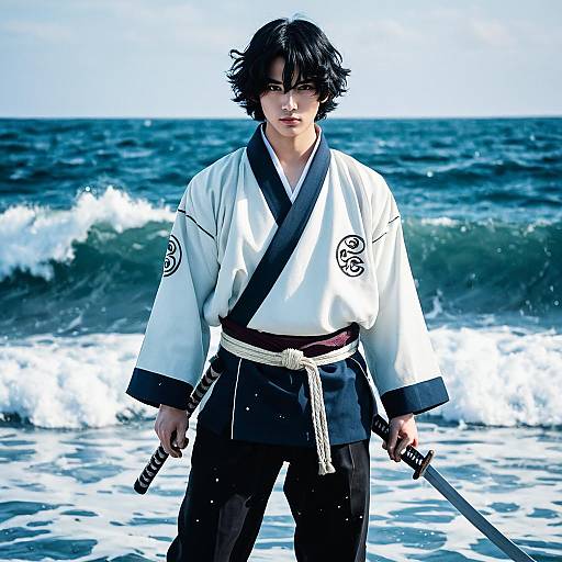 Photograph of a serious, dark-haired young man in a white martial arts gi with black trim, holding swords, standing on a wave-crashing beach