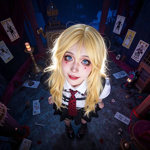 Photograph of a blonde anime-style girl with blue eyes, red lip marks, black and white school uniform, red tie, in a dimly lit